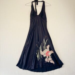 Vintage black silky hater dress with embroidered flower appliqué